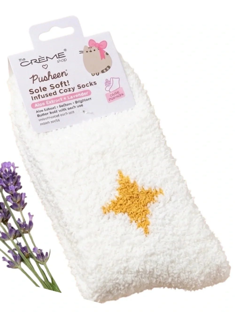 The Crème Shop x Pusheen Sole Soft! Infused Cozy Socks White w/ Yellow Star NWT